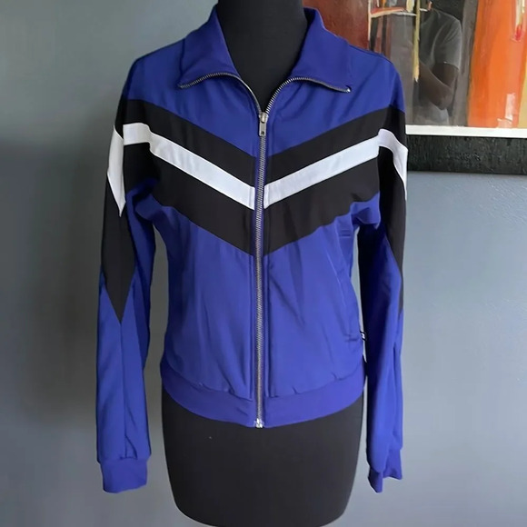Fabletics matte silky V stripe zip front ribbed collar/cuff track jacket. XS - Picture 1 of 6